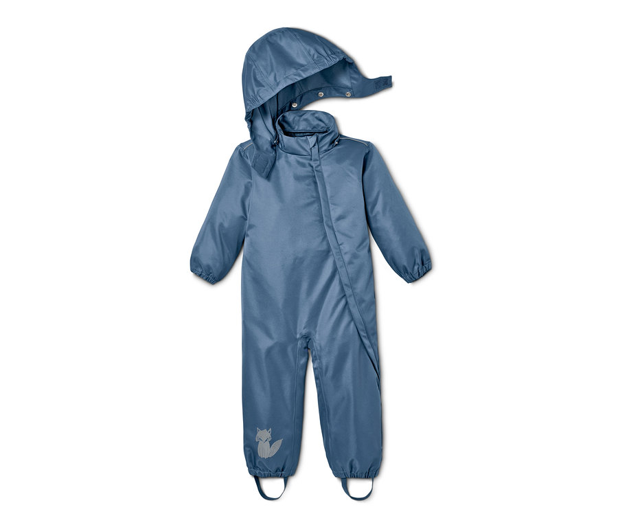 Modrý overal do dažďa s kapucňou a reflexným obrázkom líšky.