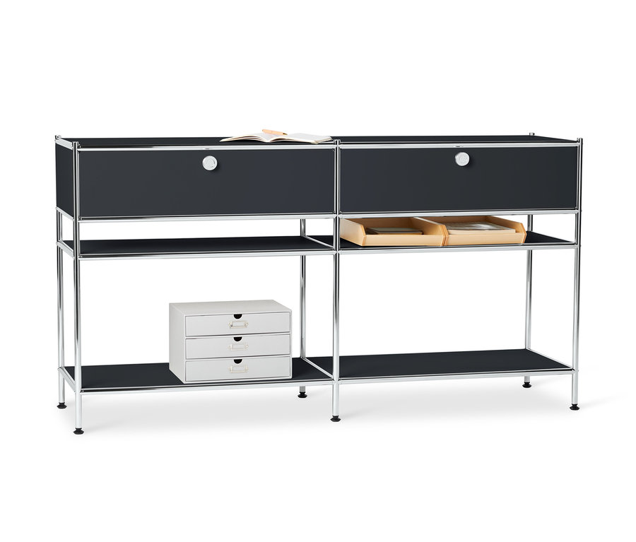 Čierny kovový konzolový stolík »CN3« s 2 zásuvkami a knihou hore.