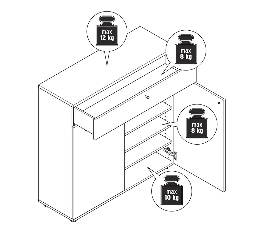 Nákres skrinky na topánky »Bekeson« s otvorenými dvierkami a zásuvkou.