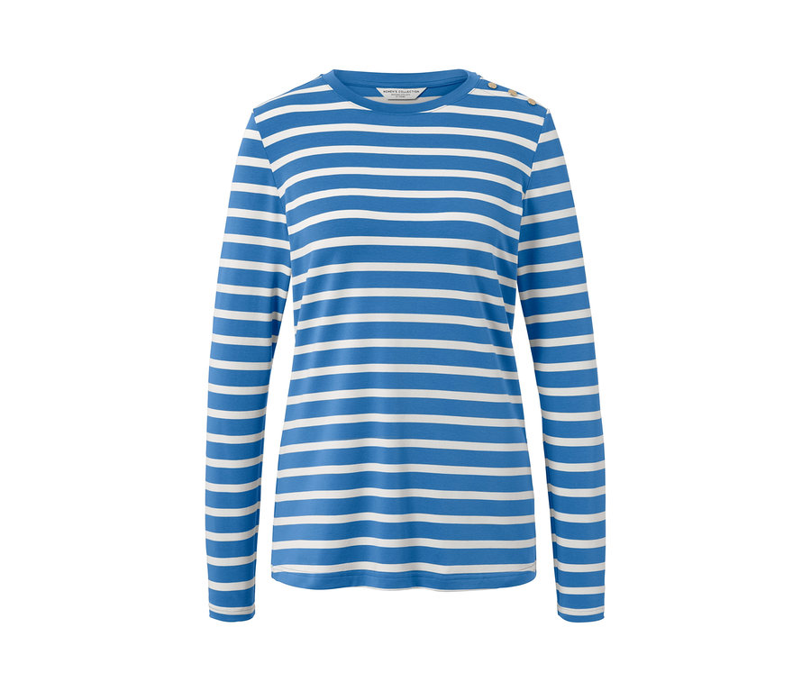 Modro-biele prúžkované tričko s dlhými rukávmi.