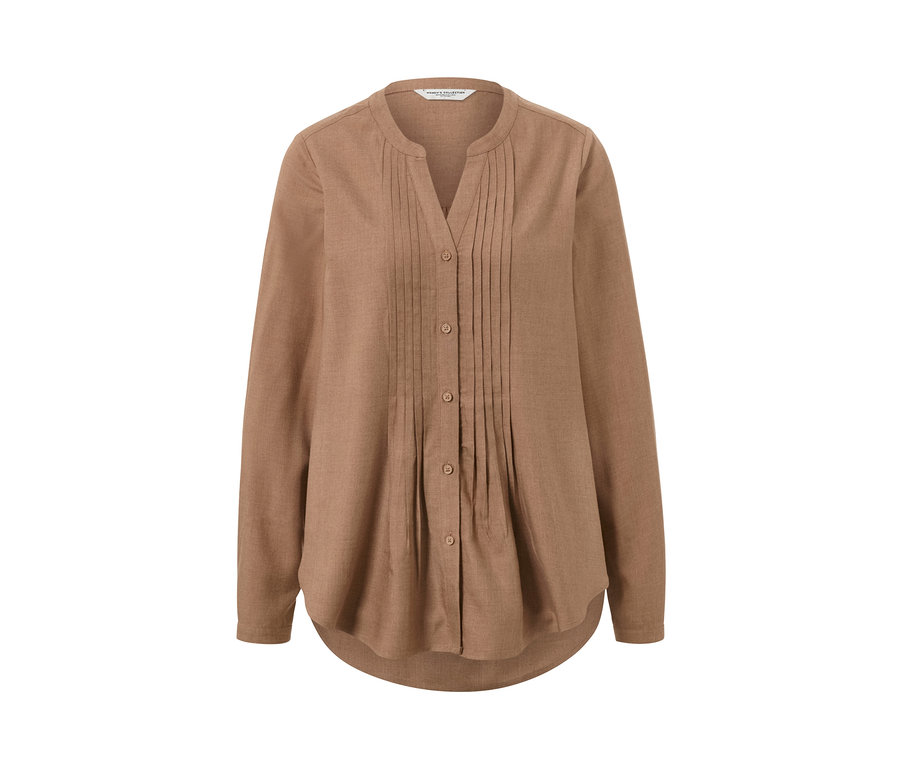 Hnedá tuniková blúzka s dlhými rukávmi a gombíkmi.