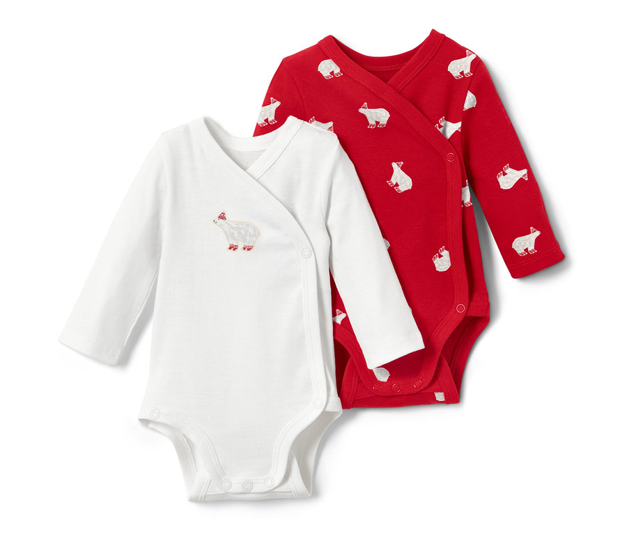 Dve detské body s dlhým rukávom: biele s motívom ľadového medveďa a červené s potlačou ľadových medveďov.