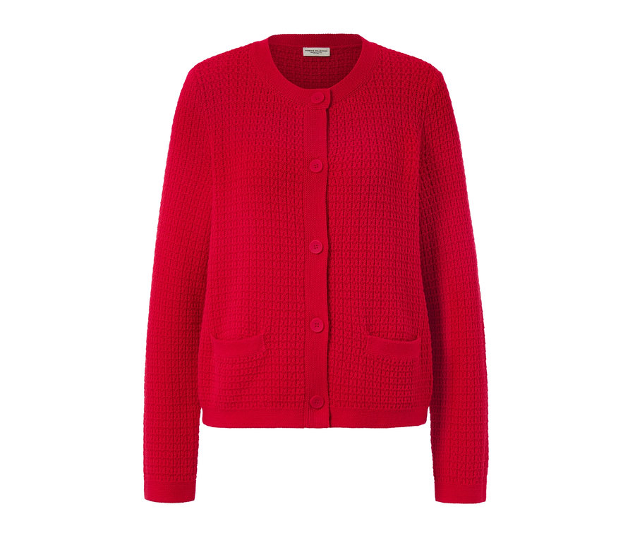 Červený kardigán zo štruktúrovaného úpletu s gombíkmi a vreckami.