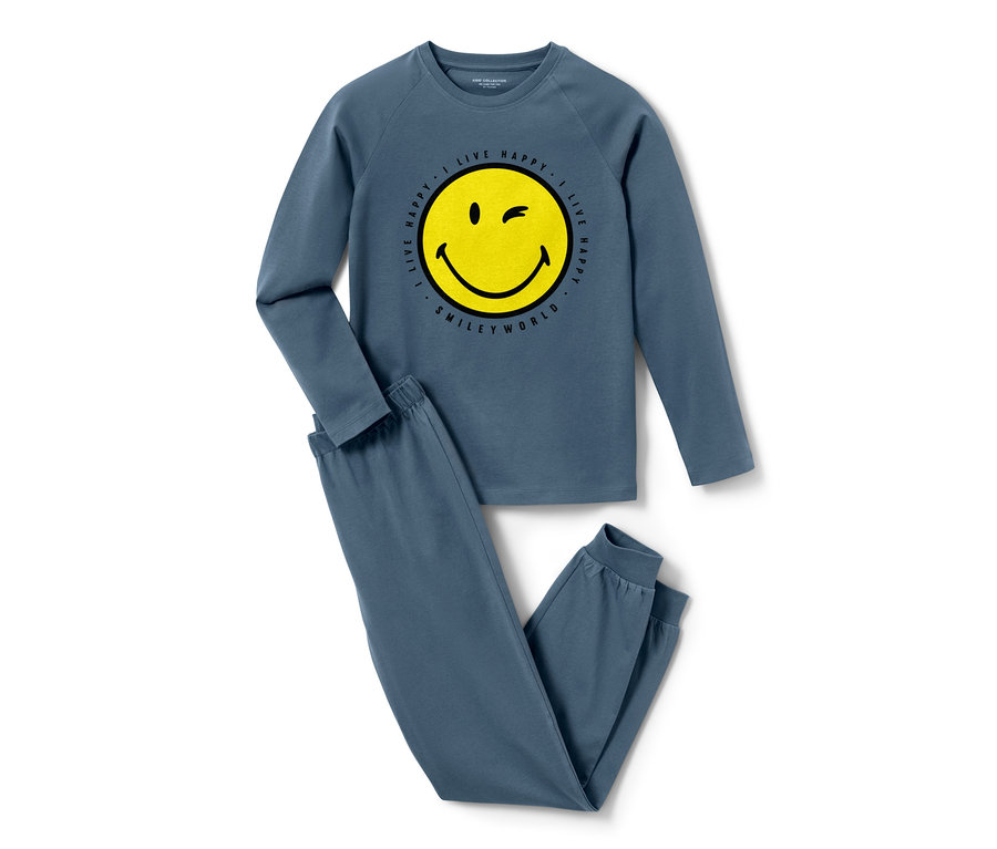 Modré detské pyžamo »Smiley«, 2 ks, s dlhým rukávom a žltým smajlíkom.