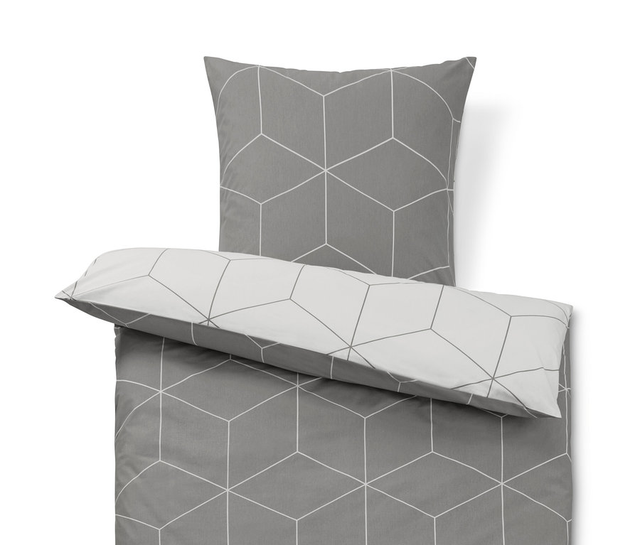 Sivá posteľná bielizeň renforcé s geometrickým vzorom.
