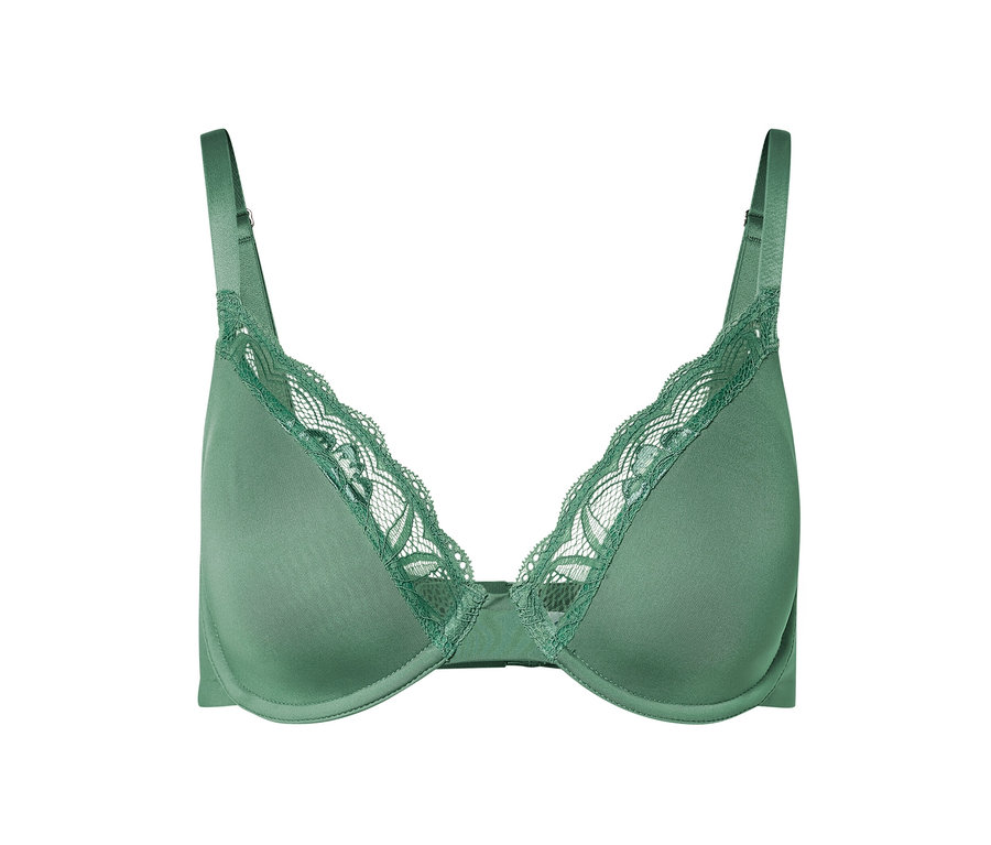 Zelená podprsenka s kosticami s čipkovaným lemovaním.