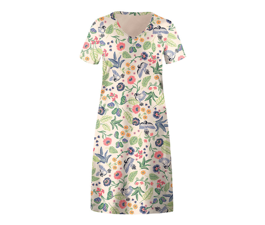 Béžová nočná košeľa s krátkym rukávom, kvetmi a vtákmi.