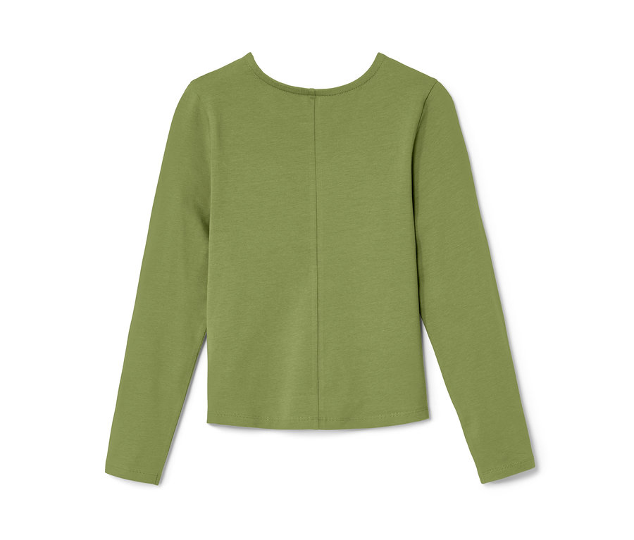 Zelené detské tričko s dlhými rukávmi leží na bielom pozadí.