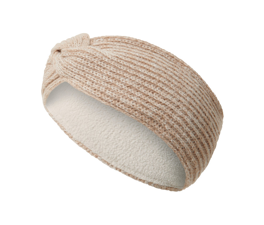 Pletená čelenka, piesková, na bielom pozadí.