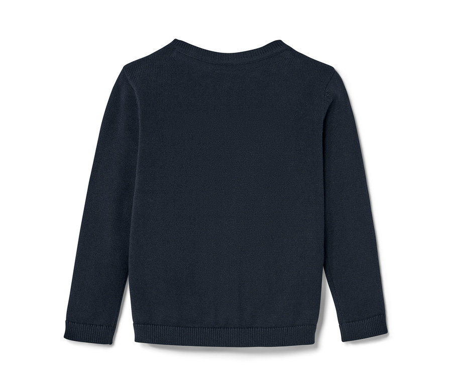 Tmavomodrý detský svetrík na bielom pozadí.