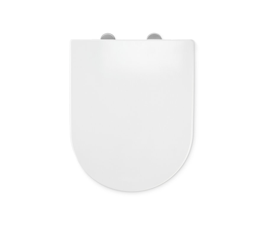Detailný pohľad zhora na bielu prémiovú dosku na WC s pomalým sklápaním.