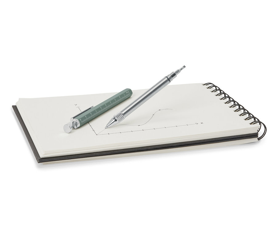 Na poznámkovom bloku leží zelené a strieborné multifunkčné pero.