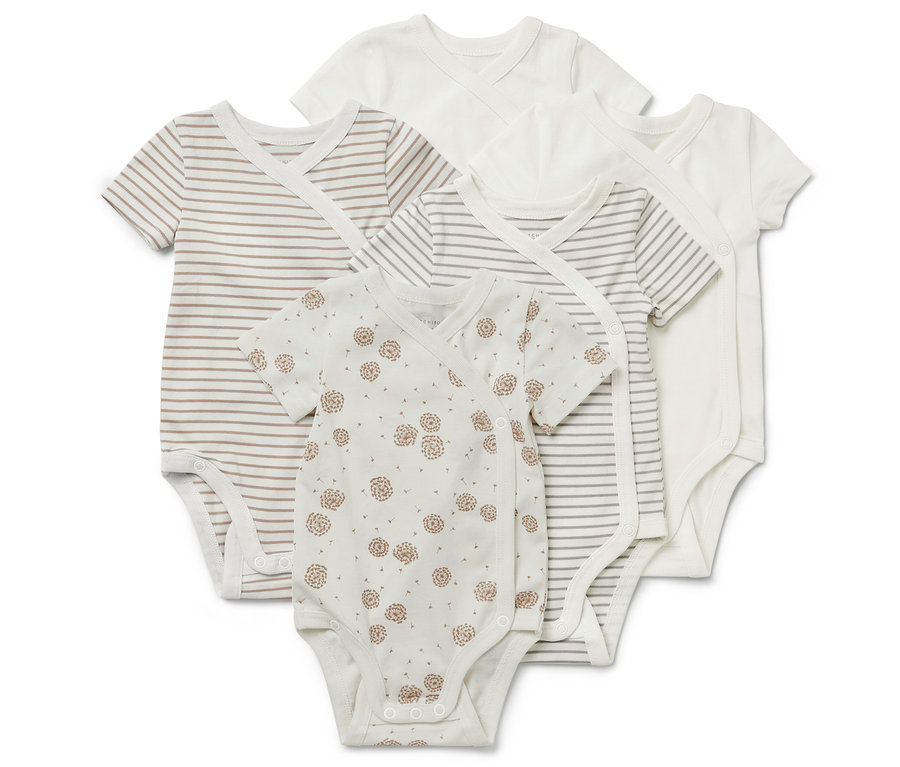 Päť body pre bábätká s možnosťou prispôsobenia veľkosti: Jedno biele, dve s hnedými a sivými prúžkami, jedno s hnedým kvetinovým vzorom.