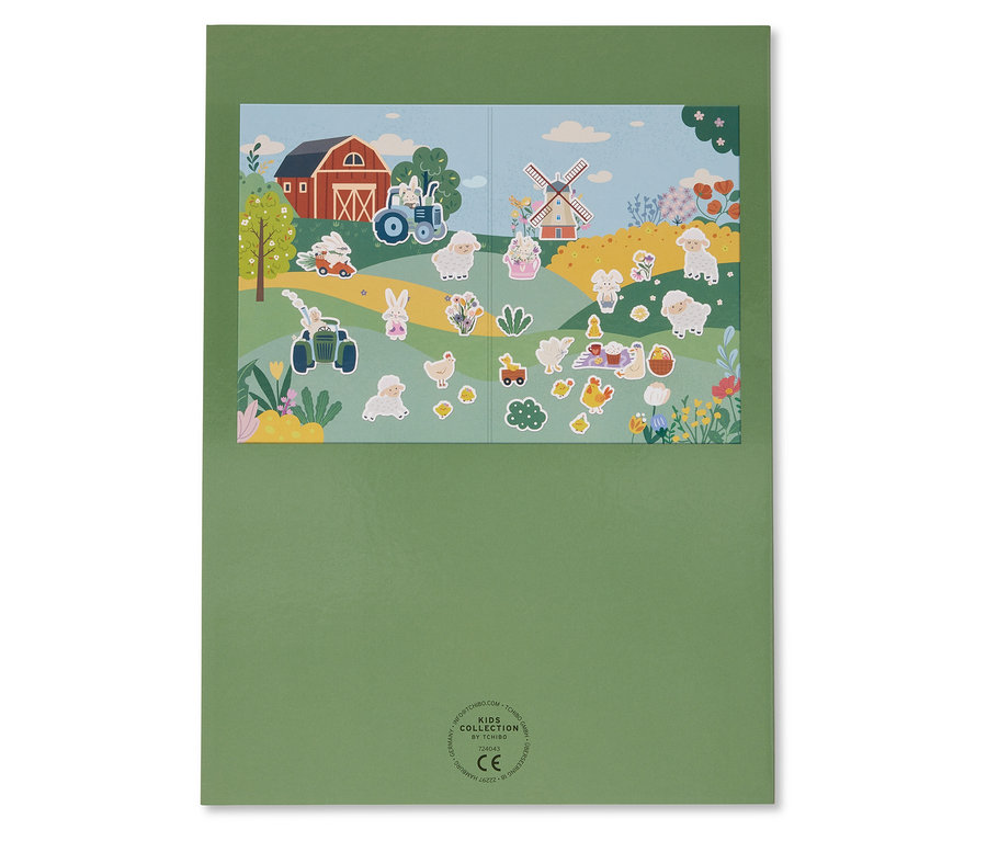 Hárok s nálepkami s motívmi farmy, vrátane oviec, veterného mlyna a traktora.