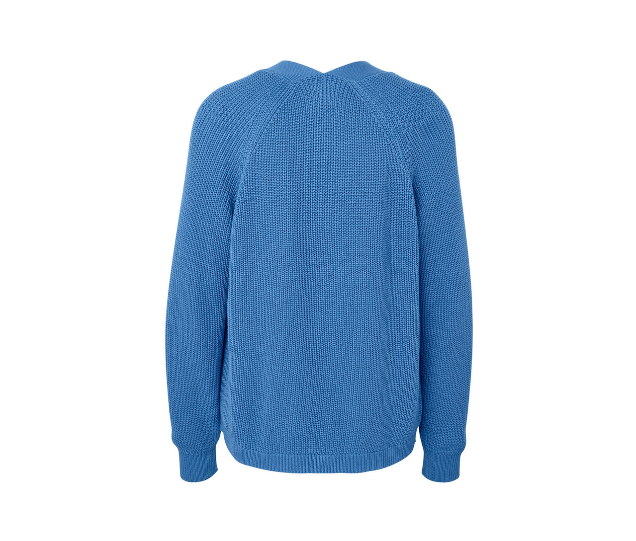 Pohľad zozadu na modrý otvorený kardigán.