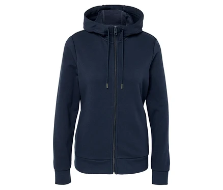 Tmavomodrá mikina s kapucňou na zips v strede.