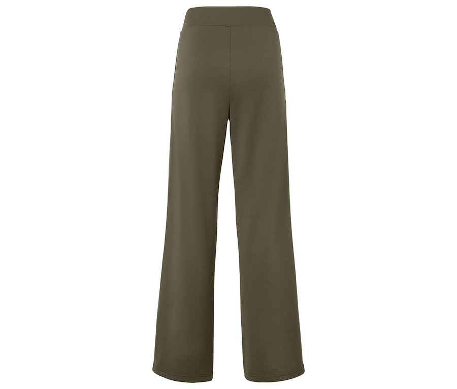 Pohľad zozadu na olivovozelené široké nohavice s vysokým pásom.
