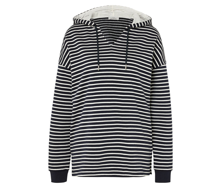 Pruhovaná mikina s kapucňou v námorníckej modrej a bielej farbe.