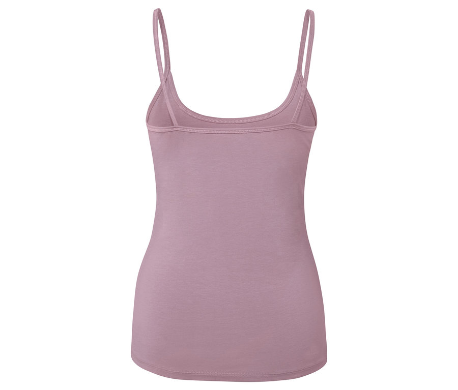 Pohľad zozadu na fialové tielko s tenkými ramienkami.