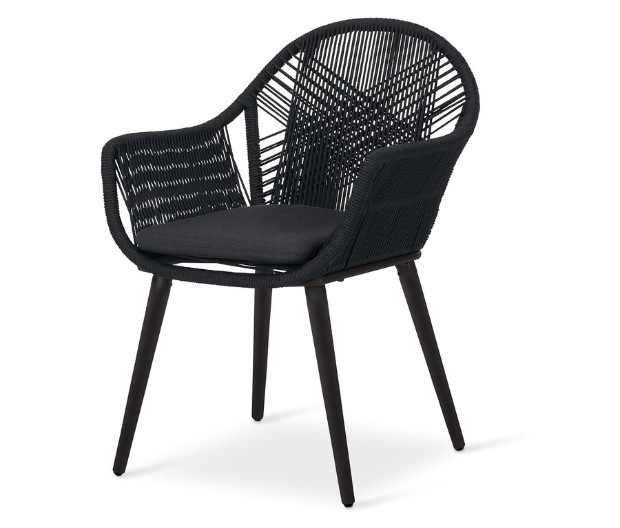 Čierna záhradná stolička s textilnou krížovou väzbou a tmavými drevenými nohami.