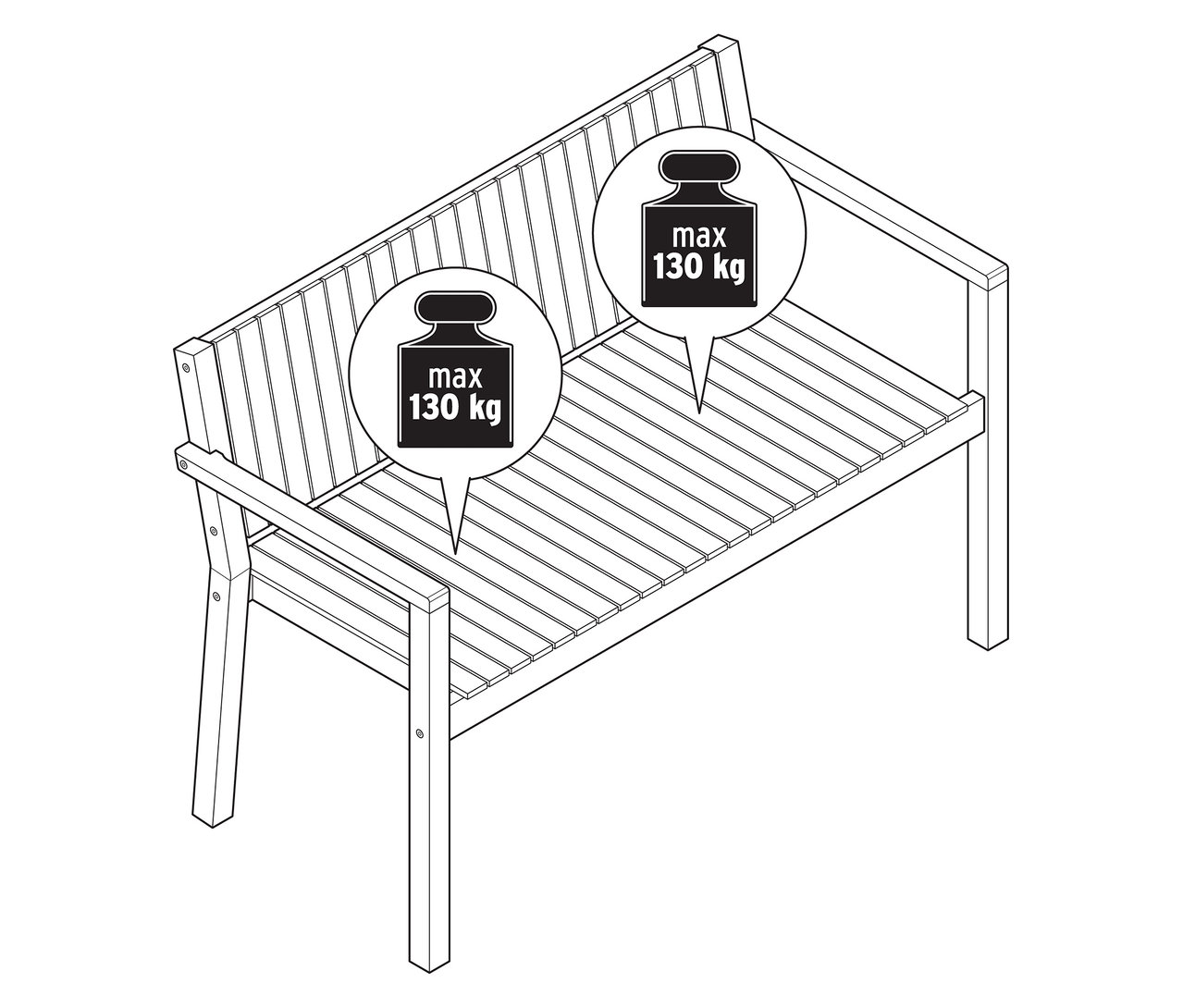 Pohľad zhora na záhradnú lavicu s dĺžkou približne 120 cm s pokynmi pre maximálnu hmotnosť.