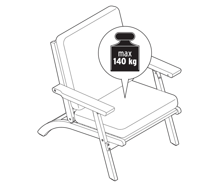 Ilustrácia skladacieho záhradného kresla s prémiovými vankúšmi, ktoré je súčasťou 4-dielnej súpravy, s maximálnou nosnosťou 140 kg.