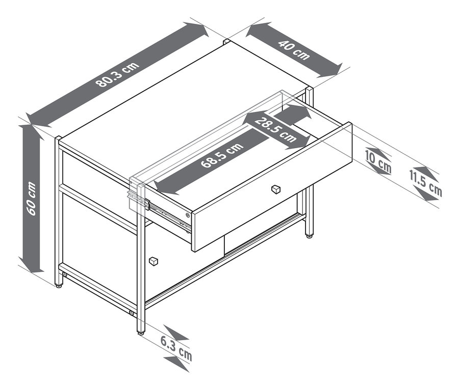 Pohľad zhora na komodu »GRADE« so zásuvkou a posuvnými dverami, s rozmermi.