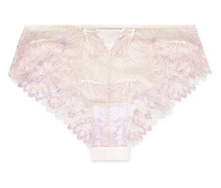 Detailný záber na jedny nohavičky s kvetinovým vzorom v ružovej a bielej farbe.