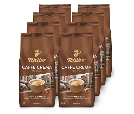Osem hnedých balení kávových zŕn Tchibo Caffè Crema Intense usporiadaných v dvoch radoch na bielom pozadí.