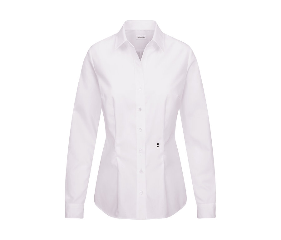Biela blúzka Seidensticker Slim Fit non iron s dlhými rukávmi, golierom, gombíkmi a malým čiernym logom ruže.
