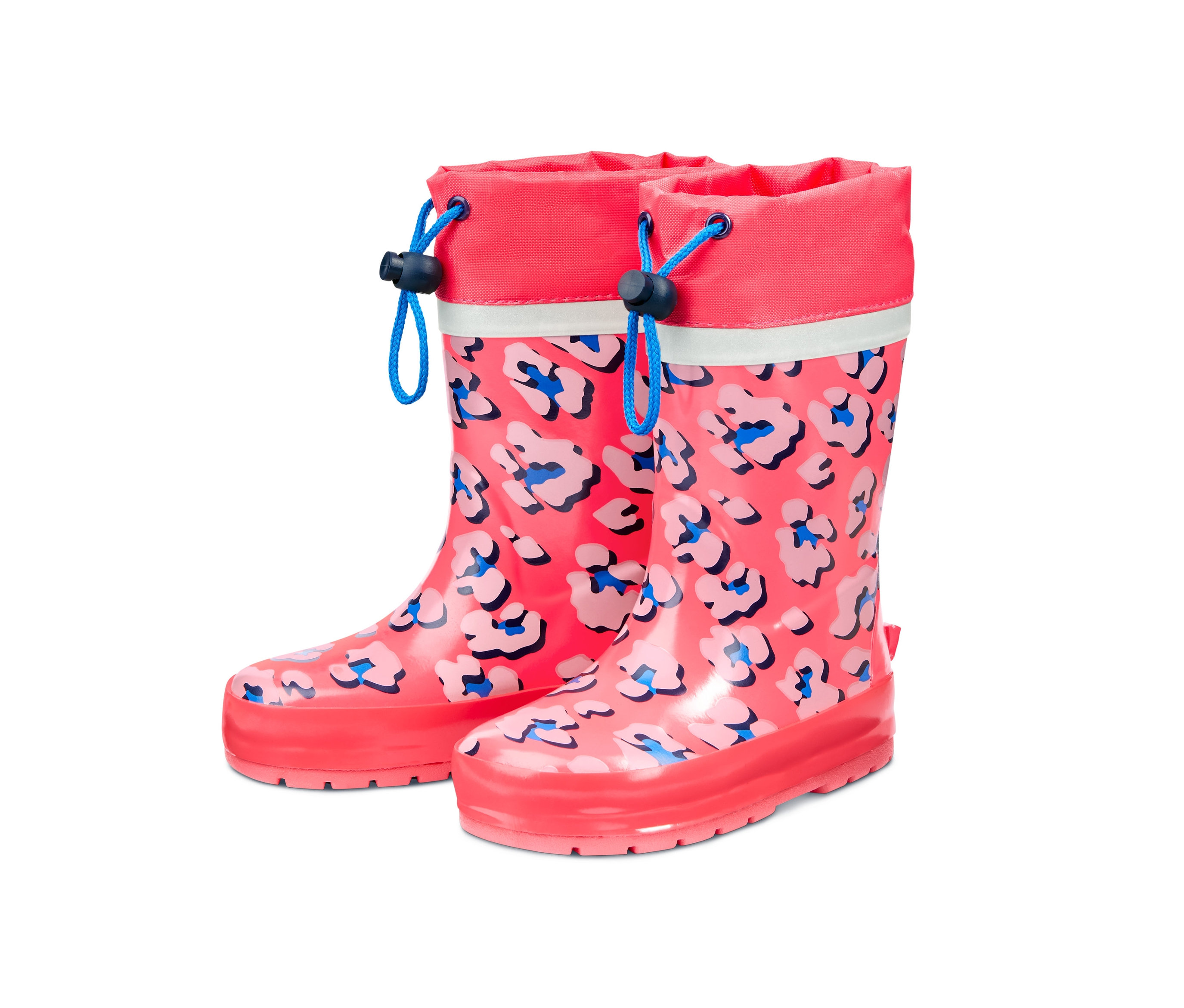 Detské čižmy do dažďa s ružovým podkladom a modrými a bielymi škvrnami.
