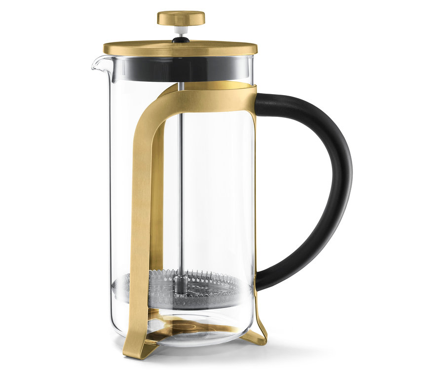 Zlatá kanvica french press s objemom 800 ml na 6 šálok s čiernou rúčkou na bielom pozadí.