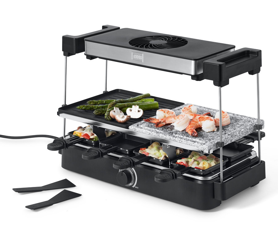 Raclette gril Trebs s digestorom a kamennou doskou s krevetami, špargľou a šampiňónmi.