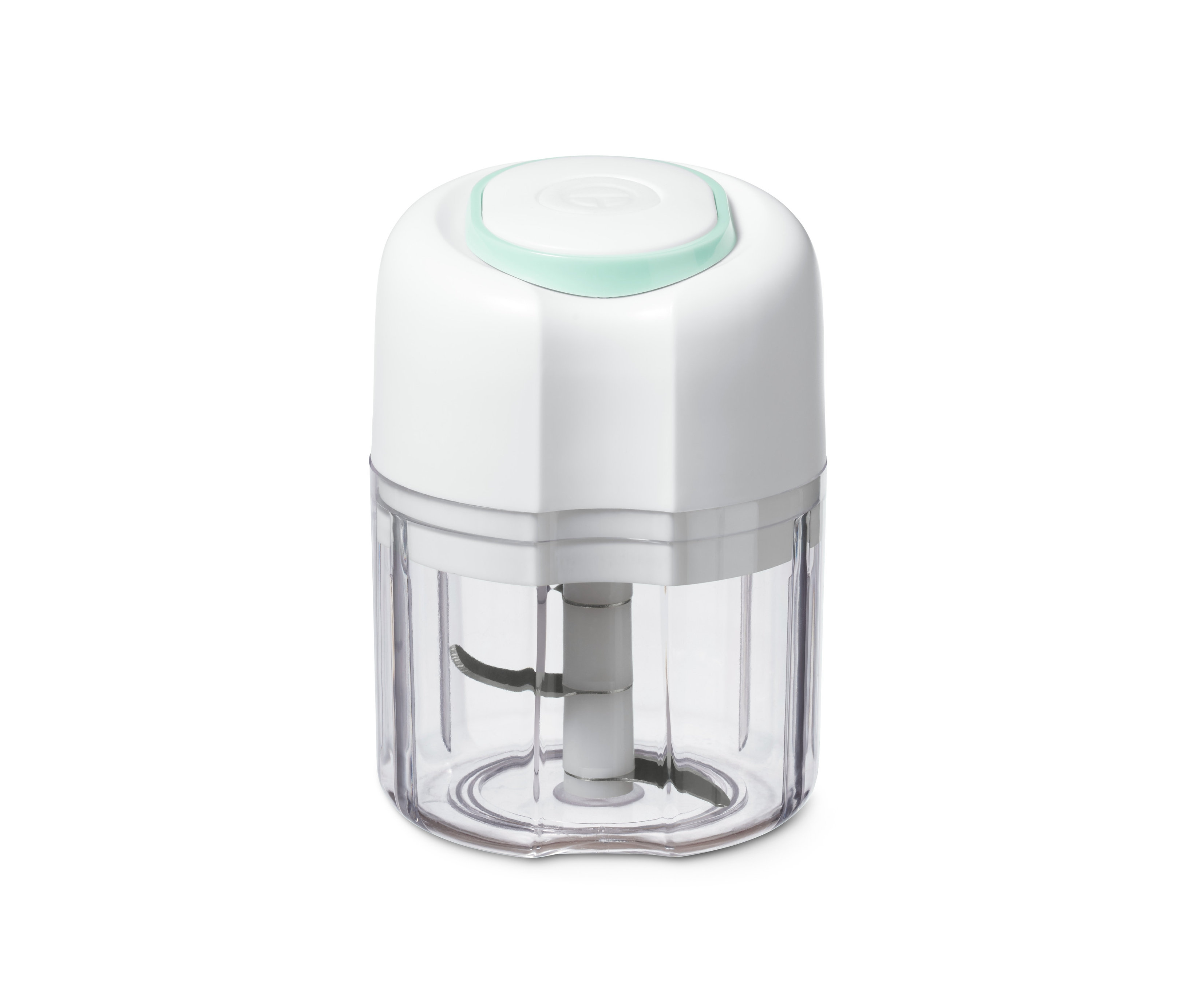 Bezkáblový multifunkčný sekáčik s priehľadnou nádobou a bielym vrchom.