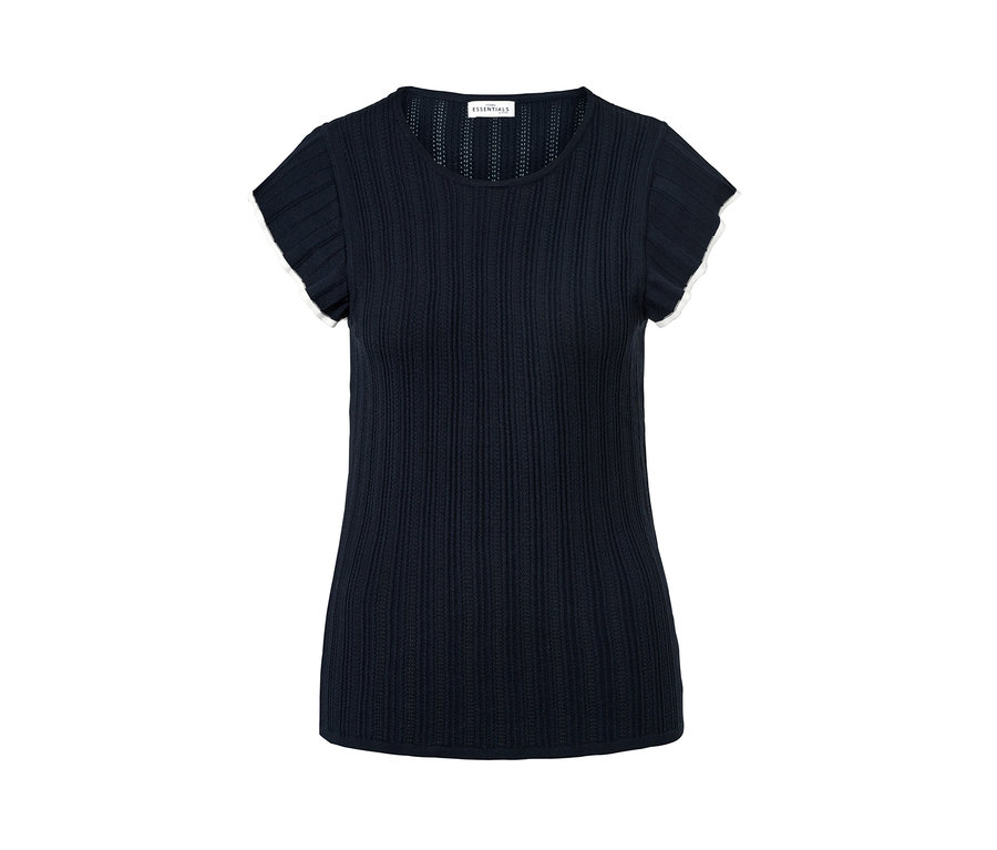 Tmavomodrý pletený top s ažúrovým vzorom.