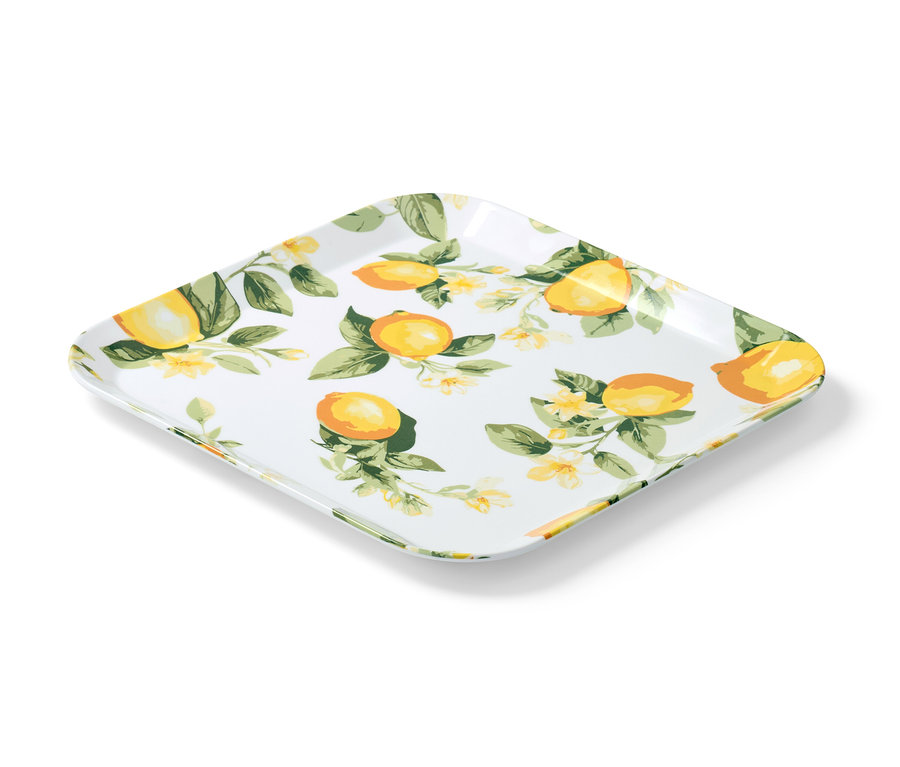 Štvorcová podnos s potlačou citrónov a kvetov.
