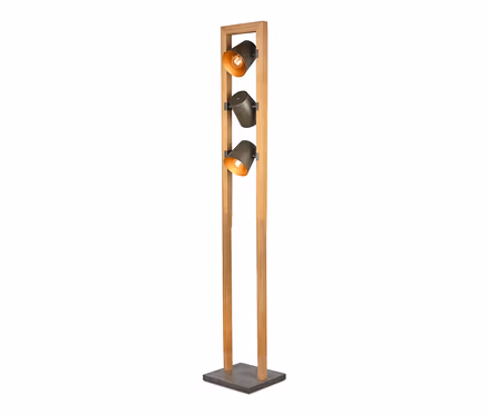 Trojramenná stojacia lampa Bell s dreveným rámom a čiernymi tienidlami so zlatým vnútrom.