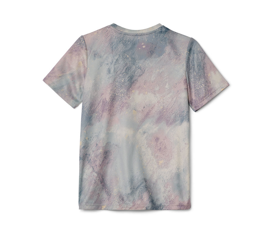 Pohľad zozadu na detské športové tričko z 2 ks súpravy s abstraktnou potlačou v odtieňoch fialovej a modrej.