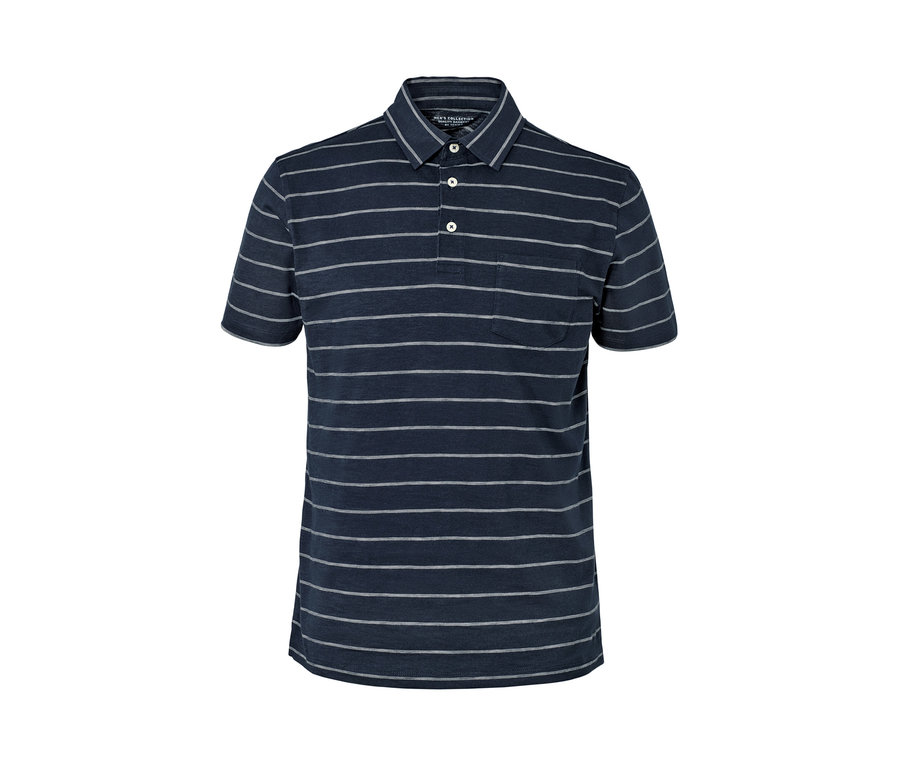 Námornícka modrá džersejová polokošeľa s krátkym rukávom a vodorovnými prúžkami.