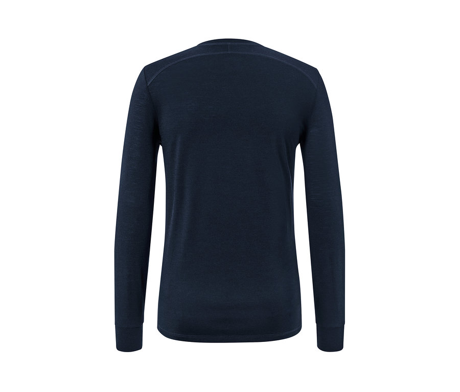 Tmavomodré tričko s dlhými rukávmi s vlnou s certifikátom RWS, pohľad zozadu.