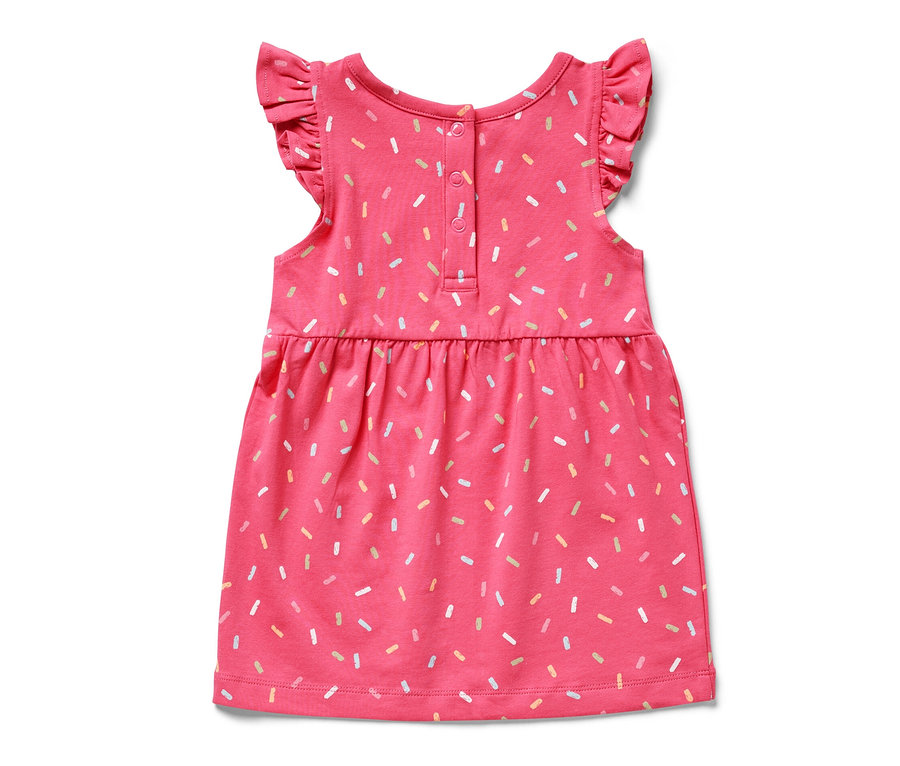 Ružové dievčenské džersejové šaty s volánovými rukávmi a potlačou.