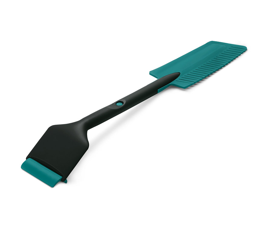 Čierno-tyrkysová škrabka na ľad do auta 3 v 1 na bielom pozadí.