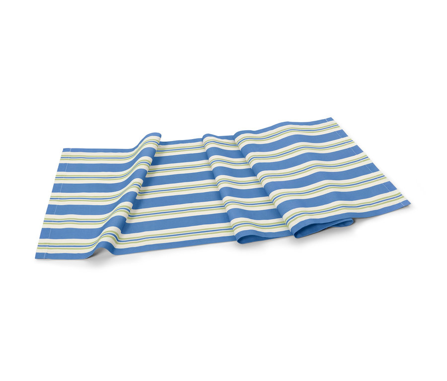 Prúžkovaný bavlnený behúň na stôl v modrej, krémovej a zelenej farbe.