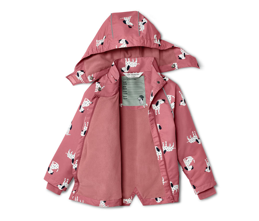 Otvorená detská termo bunda do dažďa s potlačou psov.