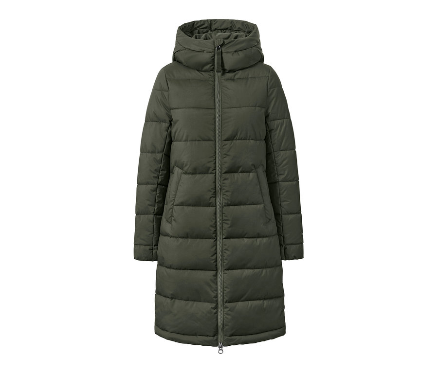 Khaki prešívaný kabát s kapucňou a zipsom.