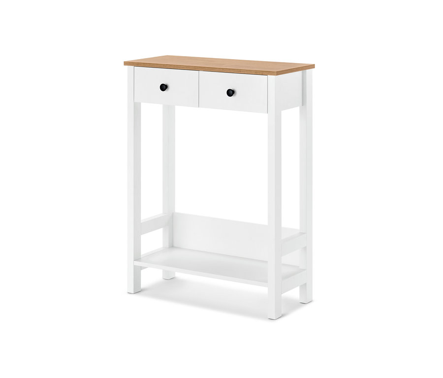 Konzolový stolík s 2 zásuvkami s drevenou doskou a bielym rámom.