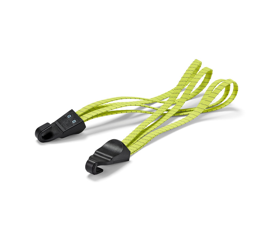 Dva upínacie popruhy na bicykel žltej farby s čiernymi háčikmi na koncoch.