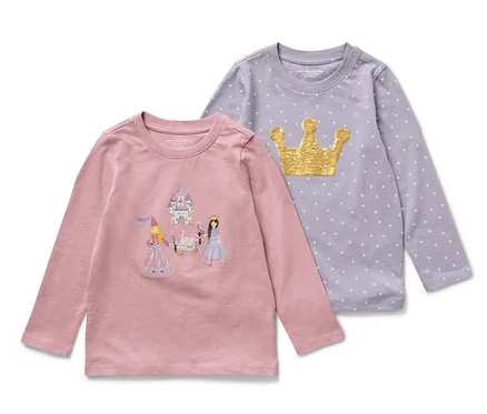Dve detské tričká s dlhými rukávmi s motívom princeznej. Jedno tričko je ružové s obrázkom zámku a princezien, druhé fialové s motívom zlatej korunky a bodiek.