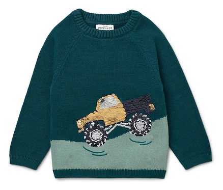 Zelený sveter s obrázkom žltého monster trucku.