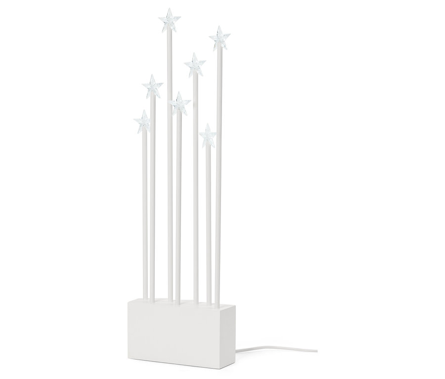 Biely LED objekt s tyčami a hviezdami.